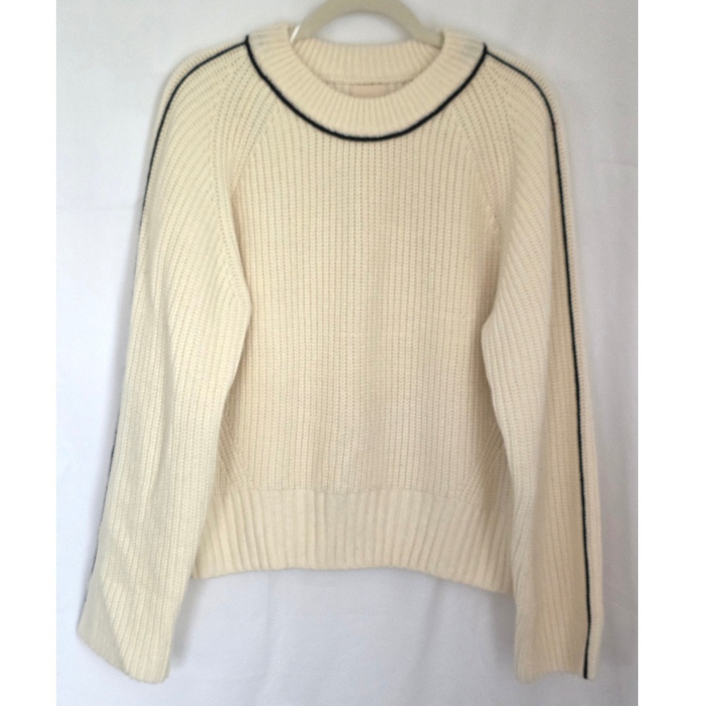 H&M Wool Blend Ribbed Sweater Cream Off-White Black Trim Crew Neck Knit Medium